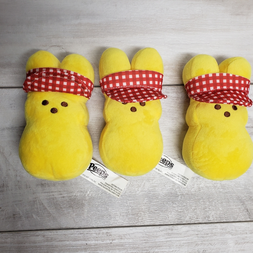 Peeps 6" Yellow with Gingham Red White Visor Plush Stuffed Animal Bunny Set of 3